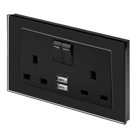 Retrotouch Crystal Crystal PG 2.1A USB & 13A DP Double Plug Socket with Switch Black