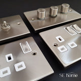 Satin Chrome - White Inserts Satin Chrome Cooker Control 45A With 13A Switched Plug Socket & 2 Neons - White Trim