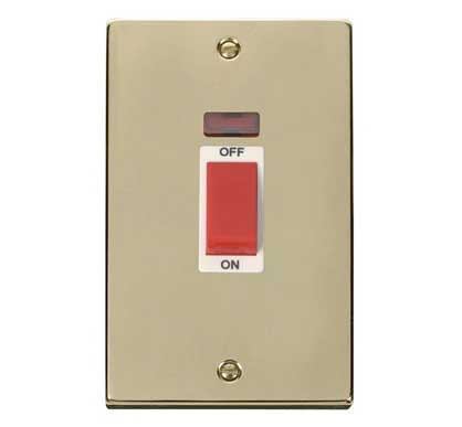 Polished Brass 2 Gang Size 45A Switch With Neon - White Trim - SE Home