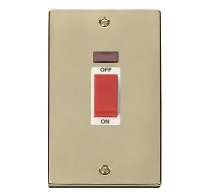 Polished Brass - White Inserts Polished Brass 2 Gang Size 45A Switch With Neon - White Trim