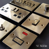 Antique Brass - Black Inserts Antique Brass 4 Gang 2 Way LED 100W Trailing Edge Dimmer Light Switch.