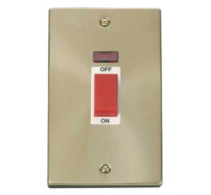 Satin Brass - White Inserts Satin Brass 2 Gang Size 45A Switch With Neon - White Trim