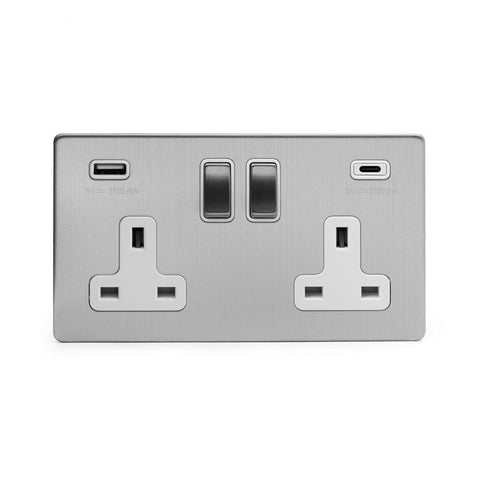 Screwless Brushed Chrome - White Trim - Slim Plate Screwless Brushed Chrome 2 Gang (13A Socket + 2 USB Ports A+C 3.1A) USB A+C Plug Socket