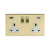 Screwless Brushed Brass - White Trim - Slim Plate Screwless Brushed Brass 2 Gang (13A Socket + 2 USB Ports A+C 3.1A) USB A+C Plug Socket