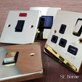 Polished Brass - Black Inserts Polished Brass 2 Gang 13A 1 USB Twin Double Switched Plug Socket - Black Trim