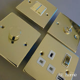 Polished Brass - White Inserts Polished Brass 1 Gang 13A DP Ingot Switched Plug Socket - White Trim