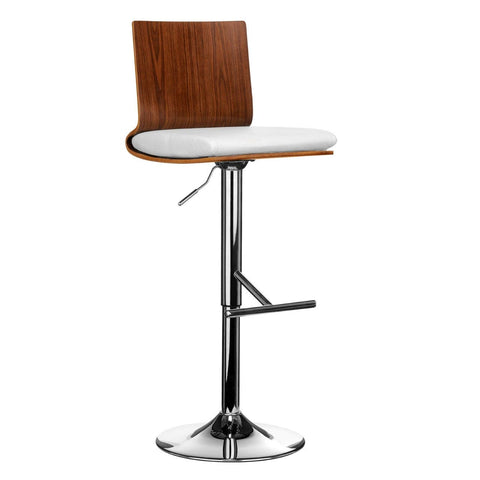 Walnut Wood Bar Chair In White Leather Effect With A Chrome Finish Base - SE Home