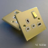 Polished Brass - White Inserts Polished Brass 1 Gang 13A DP Ingot 1 USB Switched Plug Socket - White Trim