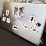 Satin Chrome 2 Gang 13A 2 USB Twin Double Switched Plug Socket - White Trim - SE Home