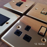 Polished Brass - Black Inserts Polished Brass 2 Gang 13A 1 USB Twin Double Switched Plug Socket - Black Trim