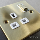 Satin Brass - White Inserts Satin Brass 2 Gang 13A Twin Double Switched Plug Socket - White Trim
