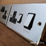 5 PACK - Polished Chrome 2 Gang 13A DP Ingot Twin Double Switched Plug Socket - Black Trim - SE Home