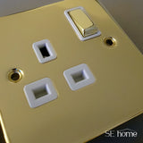 Polished Brass - White Inserts Polished Brass 1 Gang 13A DP 1 USB Switched Plug Socket - White Trim