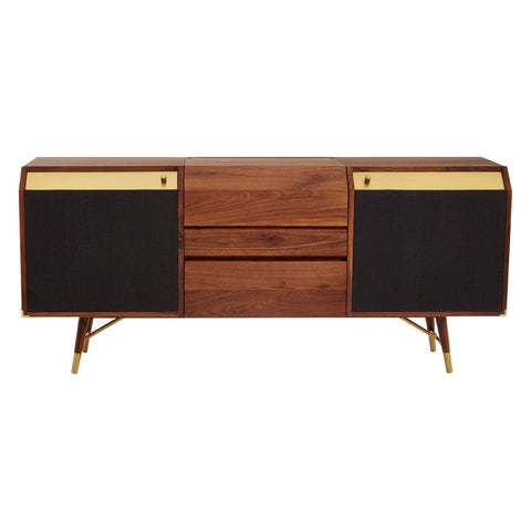 Kenso Sideboard In Walnut Wood With A Brass Finish And Black Fabric Facings - SE Home