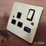 Polished Brass - Black Inserts Polished Brass 13A Fused Connection Unit Switched - Black Trim