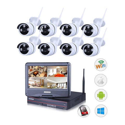 Outdoor Wireless IP Camera System WIFI NVR (8 x New 720O IP Compact CMOS IP66 Camera EZVIZ Video NVR DIY CCTV Set. 10 inch monitor, 2 TB Hard Disk). - SE Home