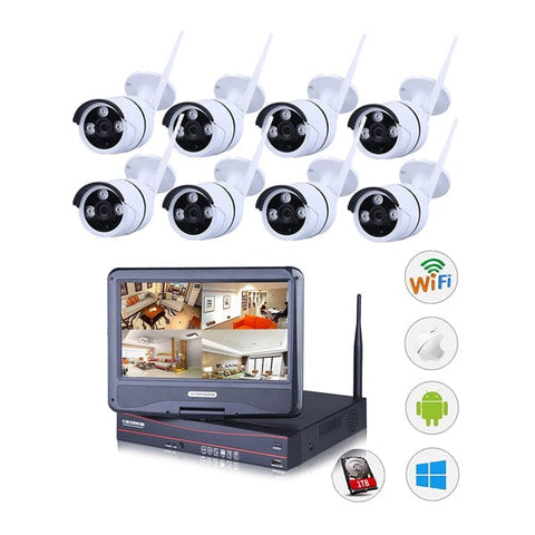Smart Home Security Outdoor Wireless IP Camera System WIFI NVR (8 x New 720O IP Compact CMOS IP66 Camera EZVIZ Video NVR DIY CCTV Set. 10 inch monitor) No HD included