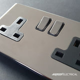 Screwless Black Nickel - Black Trim - Slim Plate Screwless Black Nickel  Double Floor Outlet 13Amp Socket & USB Charger