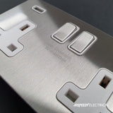 Screwless Brushed Chrome - White Trim - Slim Plate Screwless Brushed Chrome 13A 2 Gang Double Pole Plug Socket