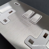 Screwless Brushed Chrome - White Trim - Slim Plate Screwless Brushed Chrome 3 Gang Light Switch with 2 Dimmers (1x2 Way Light Switch with 2x Trailing Edge Dimmer)