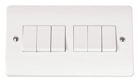 White Electrical Sockets and Switches White 10AX 6 Gang 2 Way Plate Switch