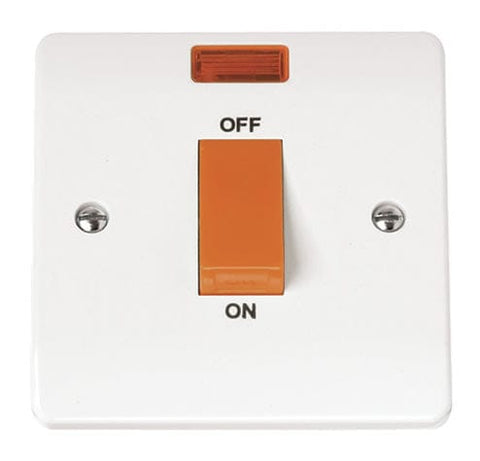 White Electrical Sockets and Switches White 45A 1 Gang Single Cooker Switch With Neon
