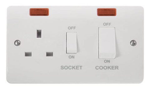 White Electrical Sockets and Switches White 45A Cooker Switch With 13A DP Switched Socket Outlet And Neons