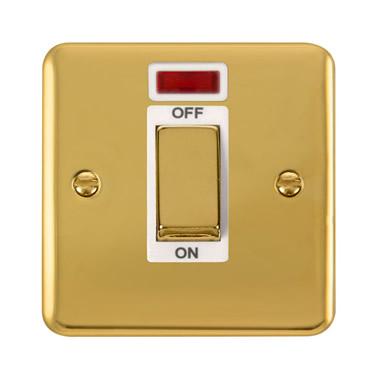 Curved Polished Brass 45A Ingot 1 Gang DP Switch With Neon - White Trim