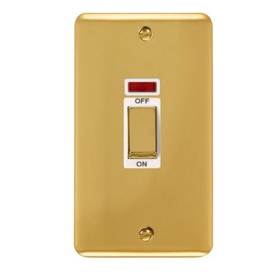 Curved Polished Brass 45A Ingot 2 Gang DP Switch With Neon - White Trim