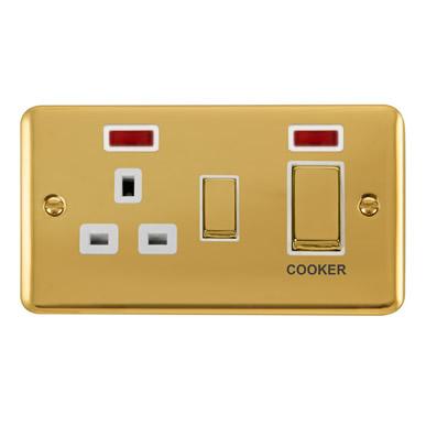Curved Polished Brass 45A Ingot 2 Gang DP Switch With 13A DP Switched Socket & Neons - White Trim
