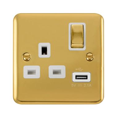 Curved Polished Brass Curved Polished Brass 13A Ingot 1 Gang Switched Socket With 2.1A USB Outlet - White Trim