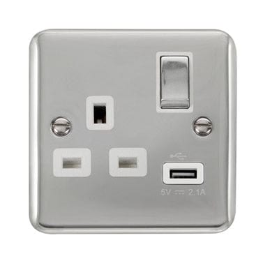 Curved Polished Chrome 13A Ingot 1 Gang Switched Socket With 2.1A USB Outlet - White Trim