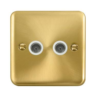 Curved Satin Brass Twin Coaxial Outlet - White Trim