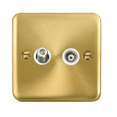 Curved Satin Brass Isolated Satellite & Isolated Coaxial Outlet - White Trim