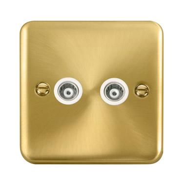 Curved Satin Brass Twin Isolated Coaxial Outlet - White Trim
