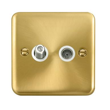 Curved Satin Brass Non-Isolated Satellite & Non-Isolated Coaxial Outlet - White Trim