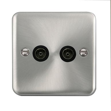 Curved Satin Chrome Twin Coaxial Outlet - Black Trim