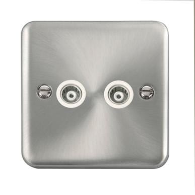 Curved Satin Chrome Twin Isolated Coaxial Outlet - White Trim