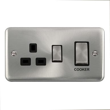 Curved Satin Chrome 45A Ingot 2 Gang DP Switch With 13A DP Switched Socket - Black Trim