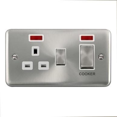 Curved Satin Chrome 45A Ingot 2 Gang DP Switch With 13A DP Switched Socket & Neons - White Trim