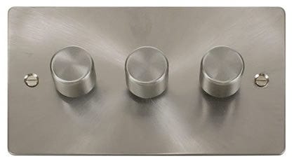 Flat Plate Brushed Steel - White Inserts Click Define Flat Plate Brushed Steel 3 Gang 2 Way 400w Dimmer Switch - Black