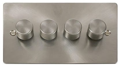 Flat Plate Brushed Steel - Black Inserts Click Define Flat Plate Brushed Steel 4 Gang 2 Way 400w Dimmer Switch - White
