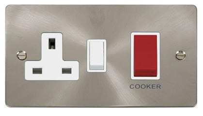 Flat Plate Satin Chrome 45A DP Switch + 13A DP Switched Plug Socket  - White Trim