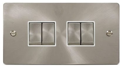 Flat Plate Brushed Steel - White Inserts Click Define Flat Plate Brushed Steel Ingot 10AX 4 Gang 2 Way Switch  - White