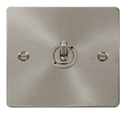 Flat Plate Brushed Steel - Black Inserts Click Define Flat Plate Brushed Steel 10AX 1 Gang 2 Way Toggle Switch - Black