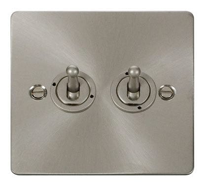 Flat Plate Brushed Steel - Black Inserts Click Define Flat Plate Brushed Steel 10AX 2 Gang 2 Way Toggle  switch - White