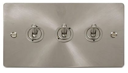 Flat Plate Brushed Steel - White Inserts Click Define Flat Plate Brushed Steel 10AX 3 Gang 2 Way Toggle  switch - Black