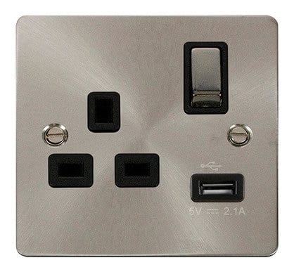 Flat Plate Satin Chrome Ingot 1 USB 1 Gang 13A DP Switched Plug Socket  - Black Trim