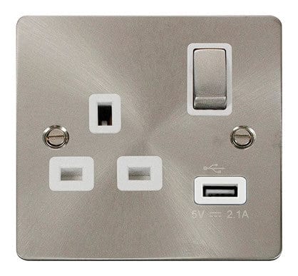 Flat Plate Brushed Steel - White Inserts Click Define Flat Plate Brushed Steel Ingot 1 USB 1 Gang 13A DP Switched Socket  - White