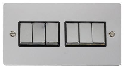 Flat Plate Polished Chrome Ingot 10AX 6 Gang 2 Way Light Switch  - Black Trim